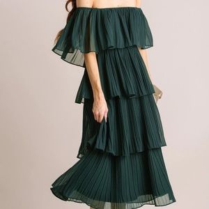 Just Me Green off the shoulder pleated midi dress